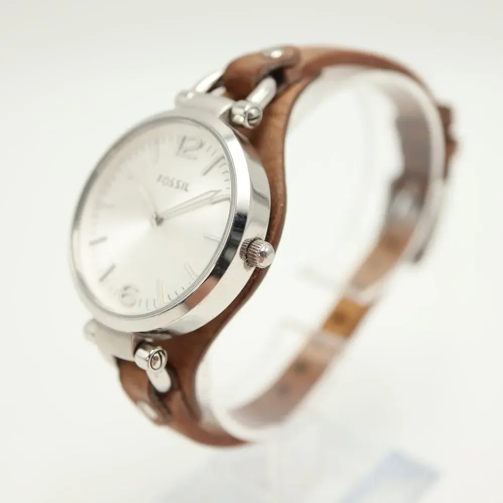 Fossil Georgia Silver Tone Womens Watch 32mm Brown Leather ES3060 w New Battery